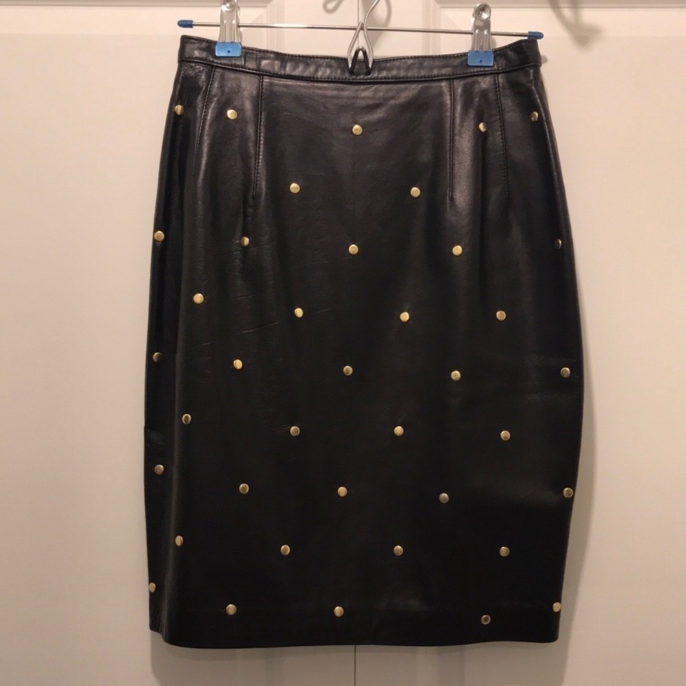 Maxima for Bergdorf Goodman Black Leather Pencil Skirt with Gold Studs
